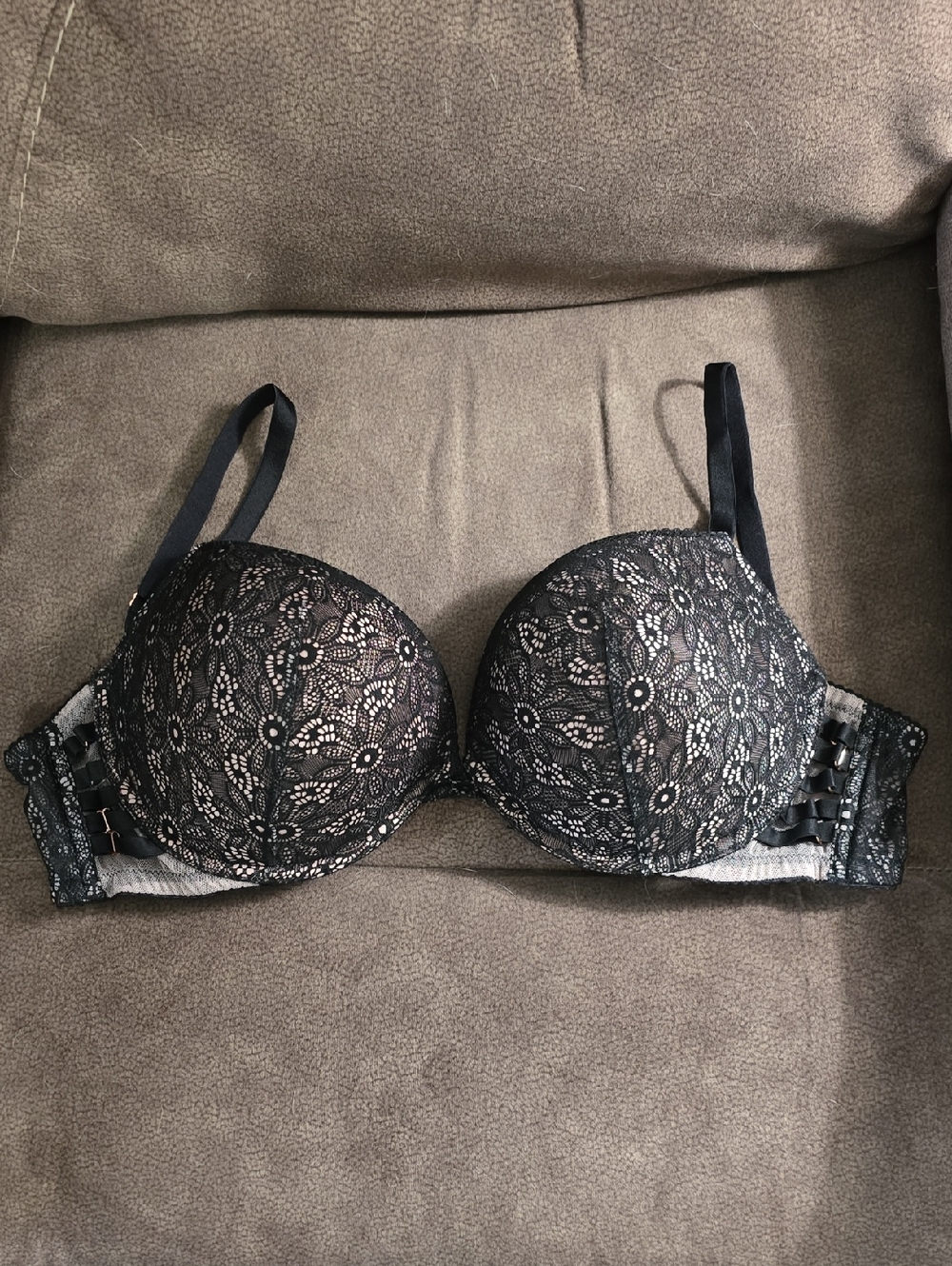 Victoria's Secret Black Lace Push-Up Bra with Floral Overlay
